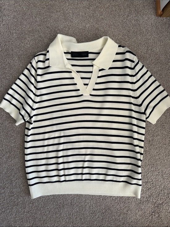 Zara Tops - Zara Cream and Black Striped Short-Sleeve Polo Knit Top